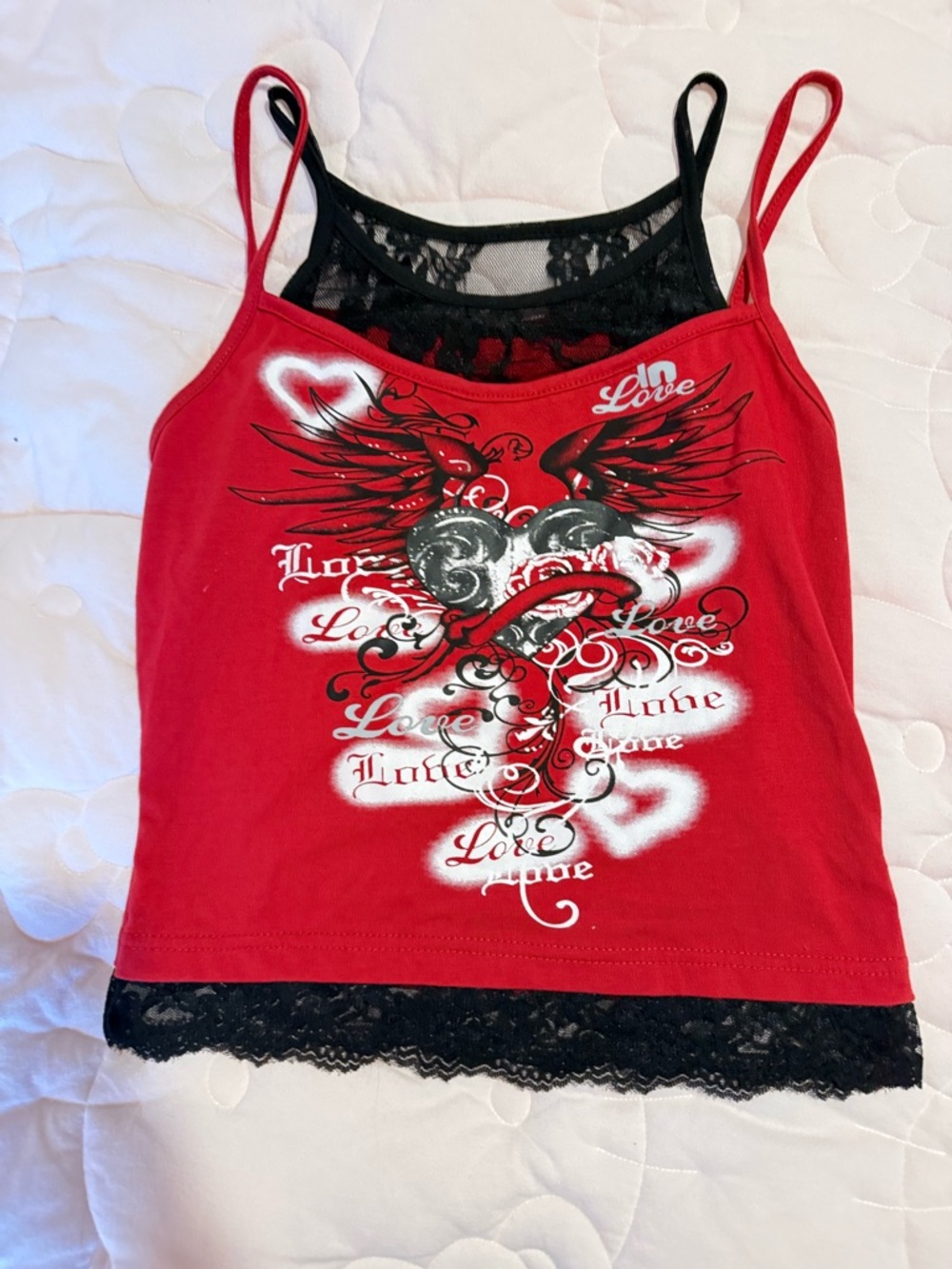 ROMWE Red Lace-Trim Graphic Cami with Black Mesh Layer